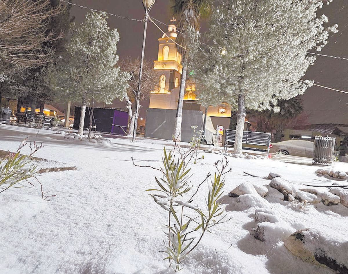 Así lució la Plaza Azueta tras la nevada que cayó ayer después de las 19:00 horas en Agua Prieta. FOTO: DIYETH AROCHI