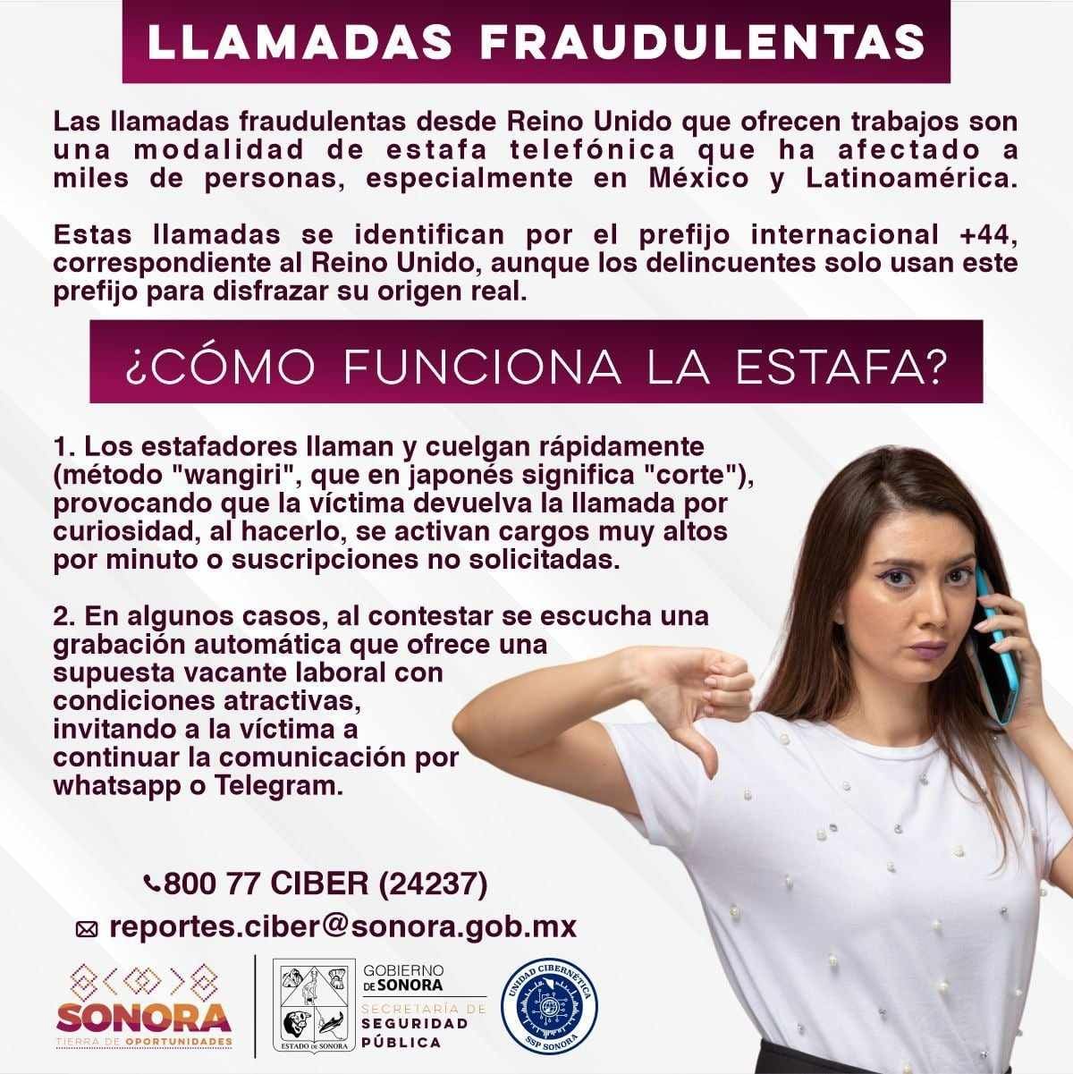 La Secretaría de Seguridad Pública de Sonora alertó sobre llamadas fraudulentas con prefijo +44, vinculadas a estafas tipo "wangiri". Foto: SSP Sonora