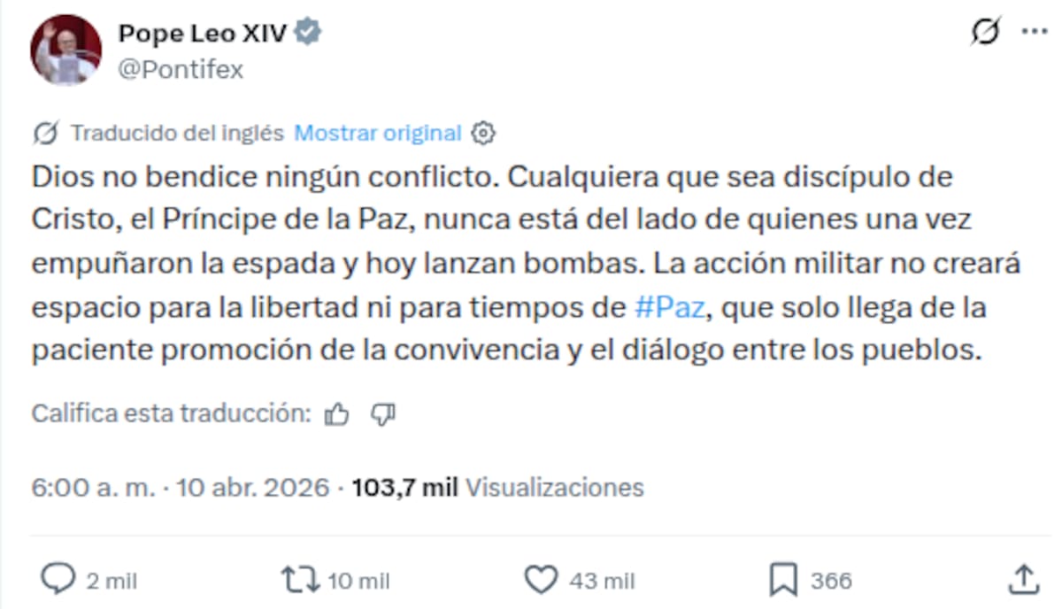 Papa León XIV fija postura ante la guerra entre EEUU e Irán: “Dios no bendice ningún conflicto”. | Captura de pantalla en X