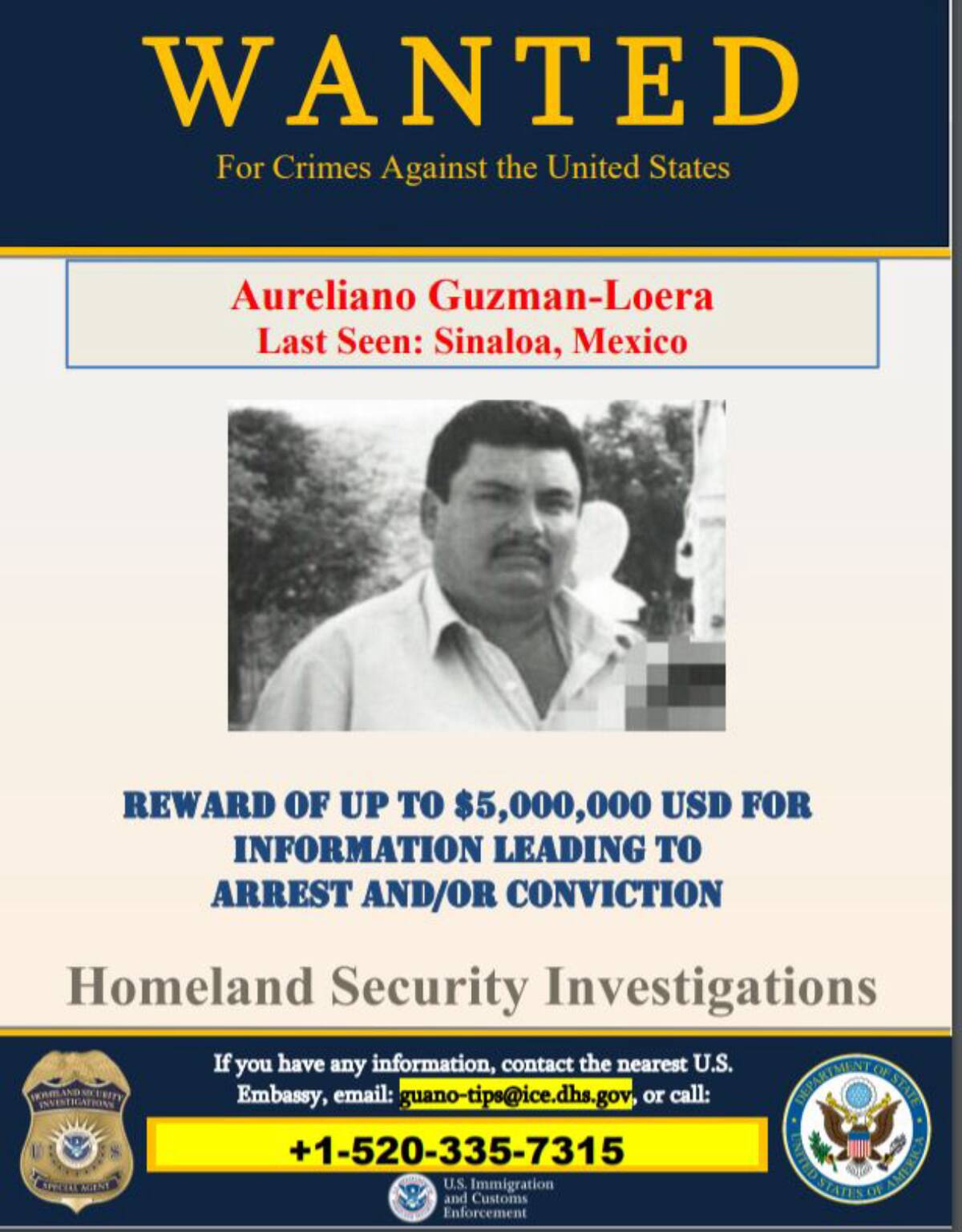 Estados Unidos ofrece 5 millones de dólares como recompensa por Aureliano Guzmán Loera, hermano de 'El Chapo', que apodan 'El Guano'.