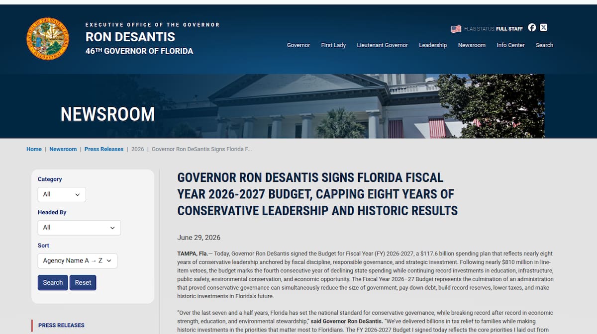 Página oficial del gobernador de Florida: www.flgov.com