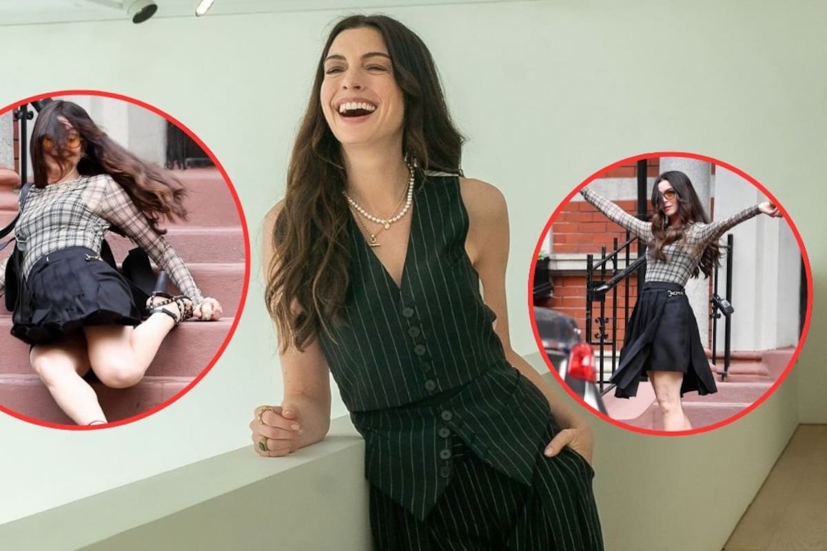 Anne Hathaway sufre aparatosa caída en el rodaje de “El Diablo Viste a la Moda 2″ y su reacción causa furor en redes