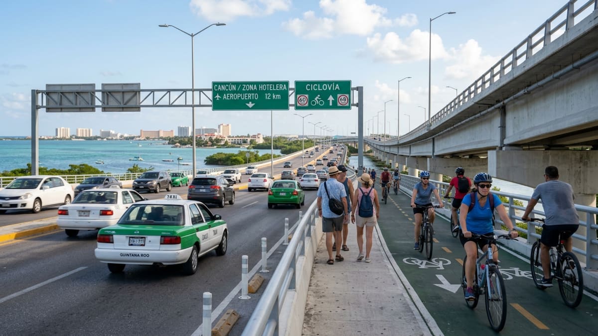 Tráfico y ciclovía en el puente Nichupté, diseñado para mejorar la movilidad y reducir 45 minutos en traslados diarios promedio. /Ilustrativa hecha con IA