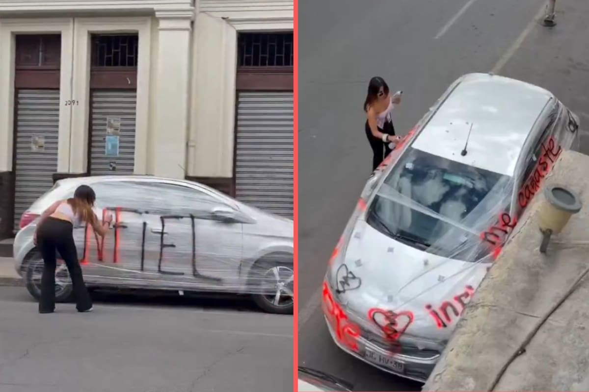 Mujer expone infidelidad con grafiti en el auto de su novio, pero protege la pintura con plástico para no dañarlo (VIDEO)
