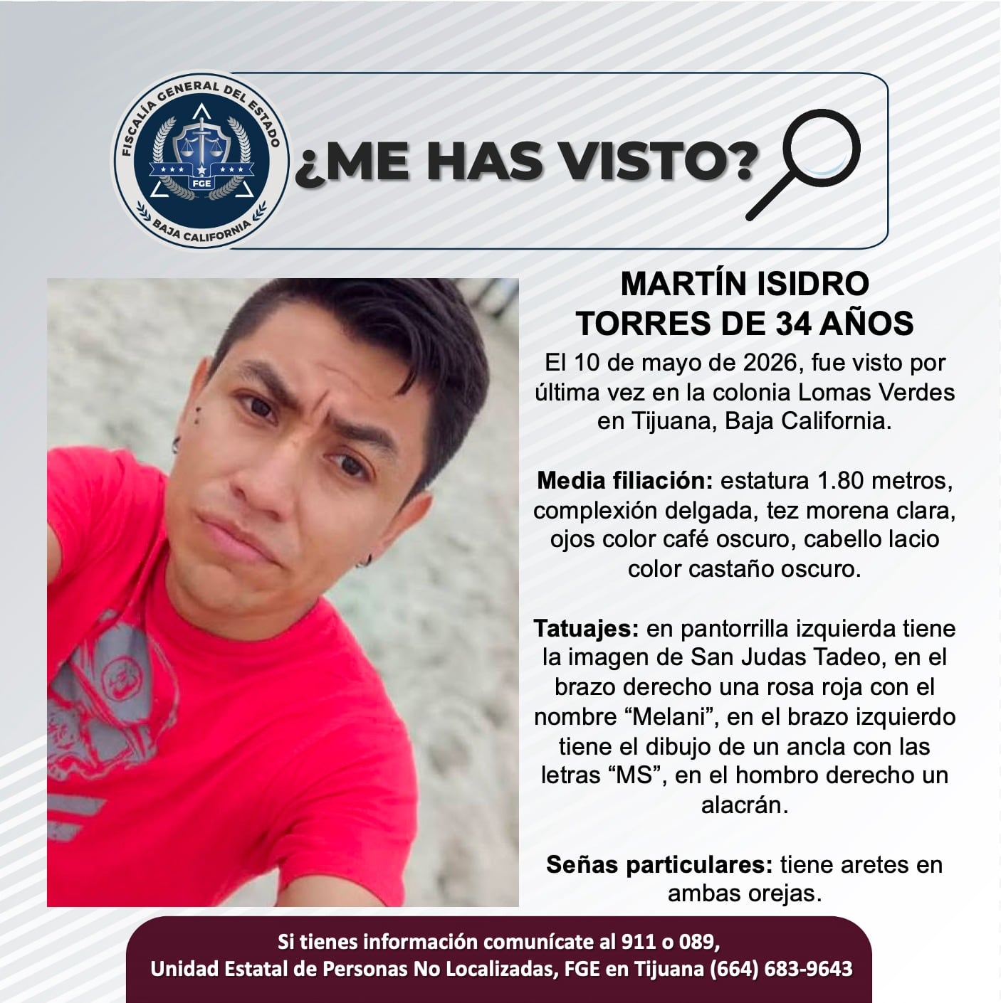 Fue visto por última vez el 10 de mayo de 2026.