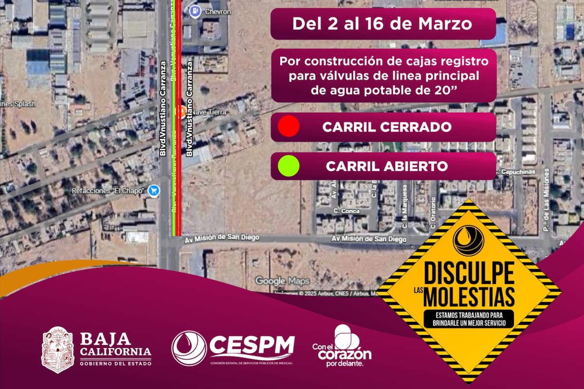 Anuncia Cespm cierre parcial de vialidad en boulevard Venustiano Carranza por obras en línea de agua potable