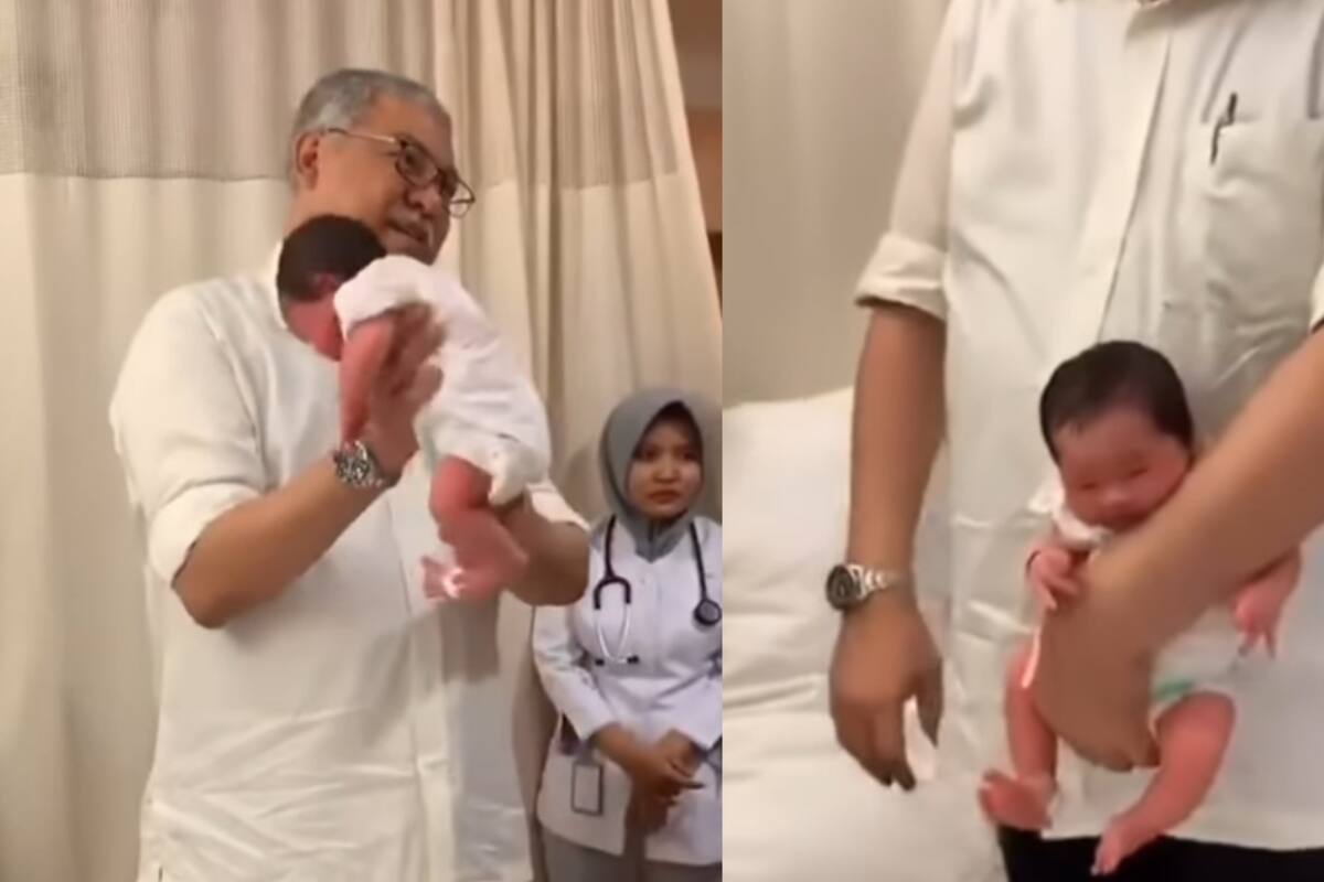 Abuelo causa controversia al cargar a un recién nacido de forma riesgosa