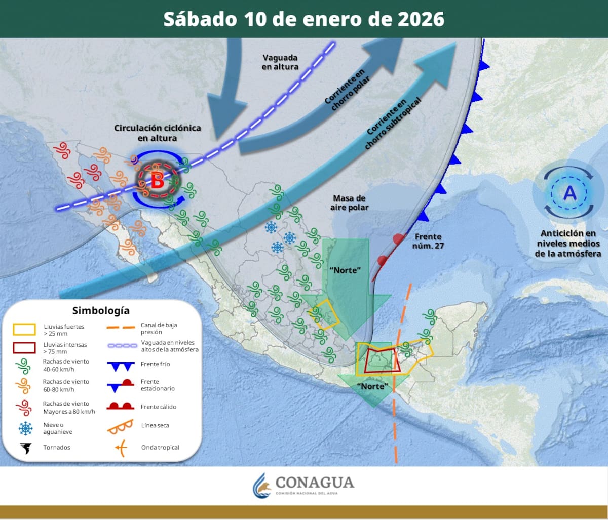 Pronóstico del clima para el sábado 10 de enero del 2026. | Crédito: SMN