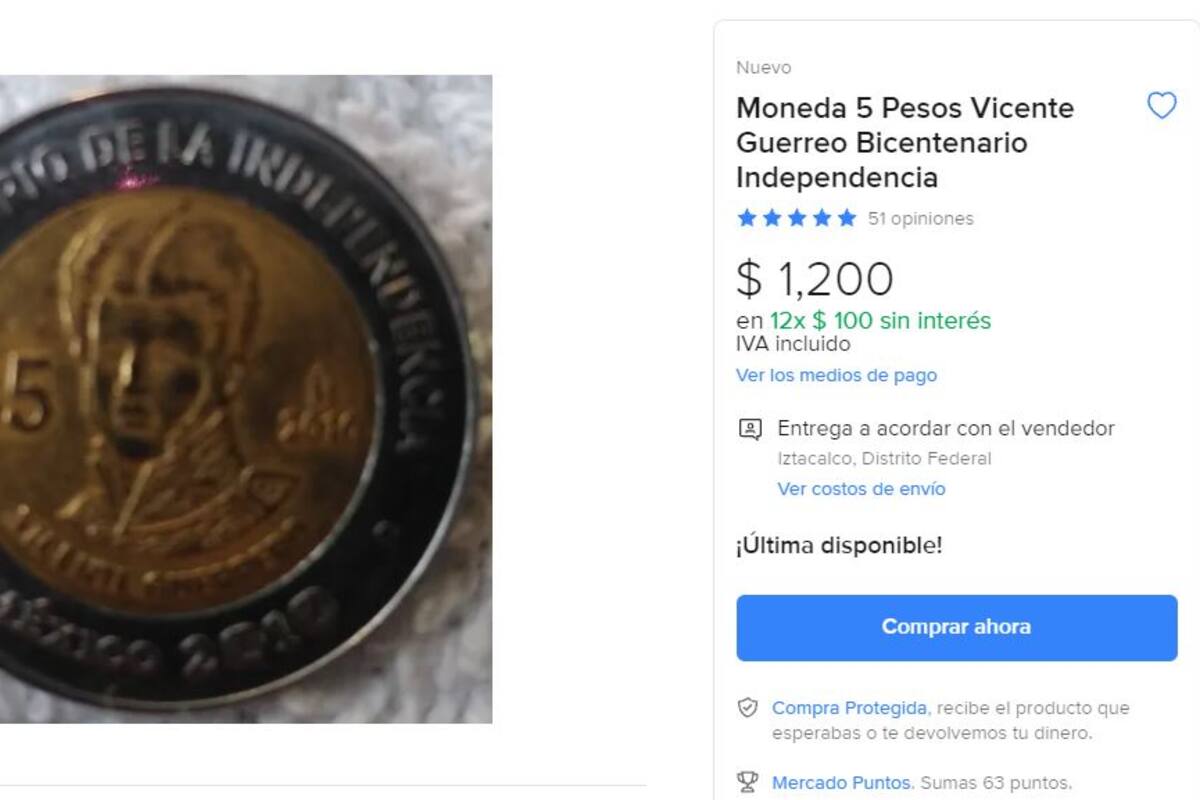 Moneda de 5 pesos de Vicente Guerreo se vende en mil 200 en Mercado Libre