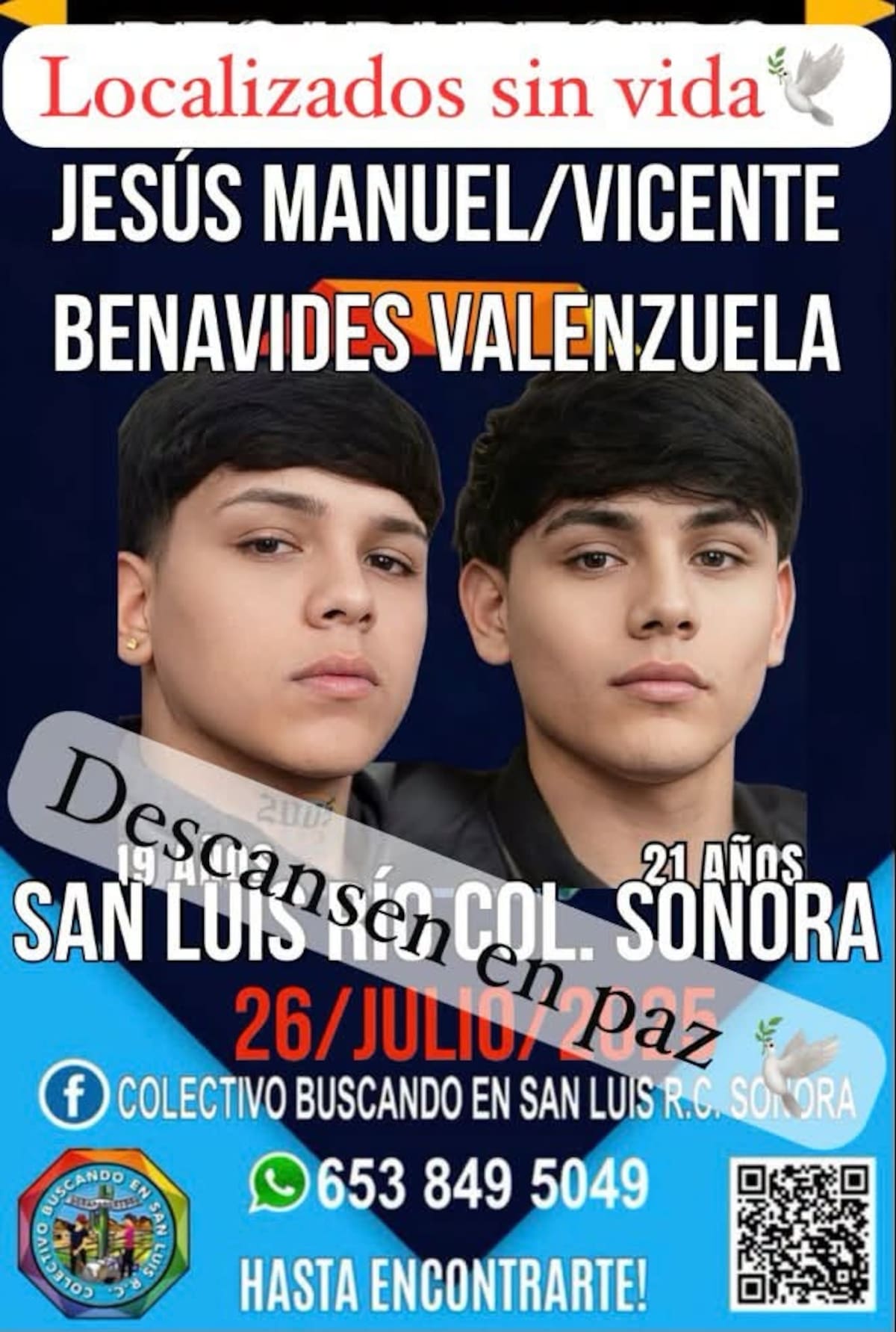 Vicente y Jesús Manuel fueron reportados como desaparecidos desde el 26 de julio de 2025, cuando se dirigían al fraccionamiento Chulavista y viajaban en un automóvil Chrysler 300 gris, de acuerdo con antecedentes publicados sobre el caso. Foto. Cortesía