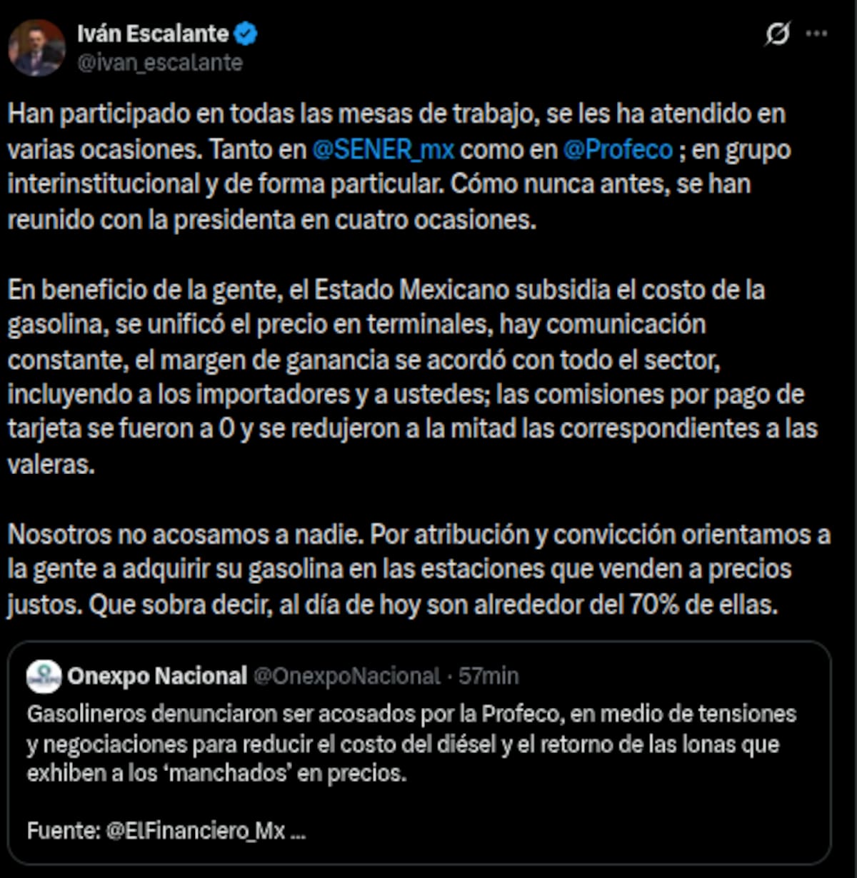 Iván Escalante, proucrador de Profeco niega amenazas y exclusión de los empresarios gasolineros | Cuenta de X: @ivan_escalante