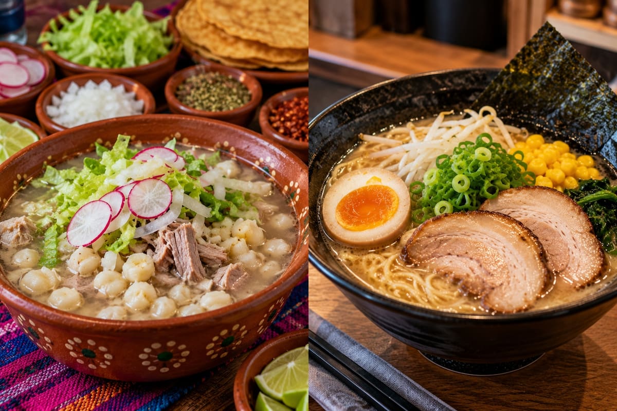 El pozole mexicano y el ramen japonés se complementan de distintas maneras: el primero con ingredientes frescos como lechuga, rábano, cebolla y limón; el segundo con huevo, cerdo, cebollín, brotes, maíz y alga nori. | Imagen creada con IA de ChatGPT