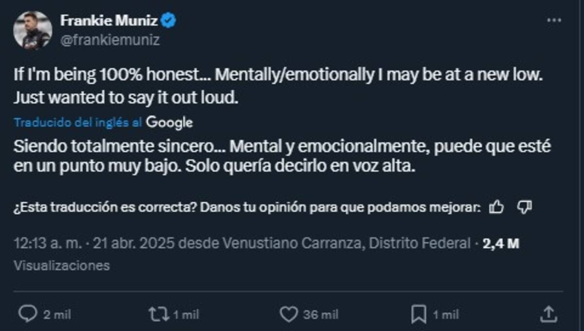 Frankie Muniz comparte un preocupante mensaje / Cuenta de X: @frankiemuniz