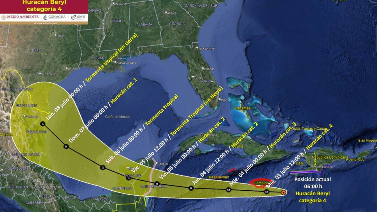 La Conagua y el NHC ya había proyectado la posible ruta del Huracán Beryl por México.