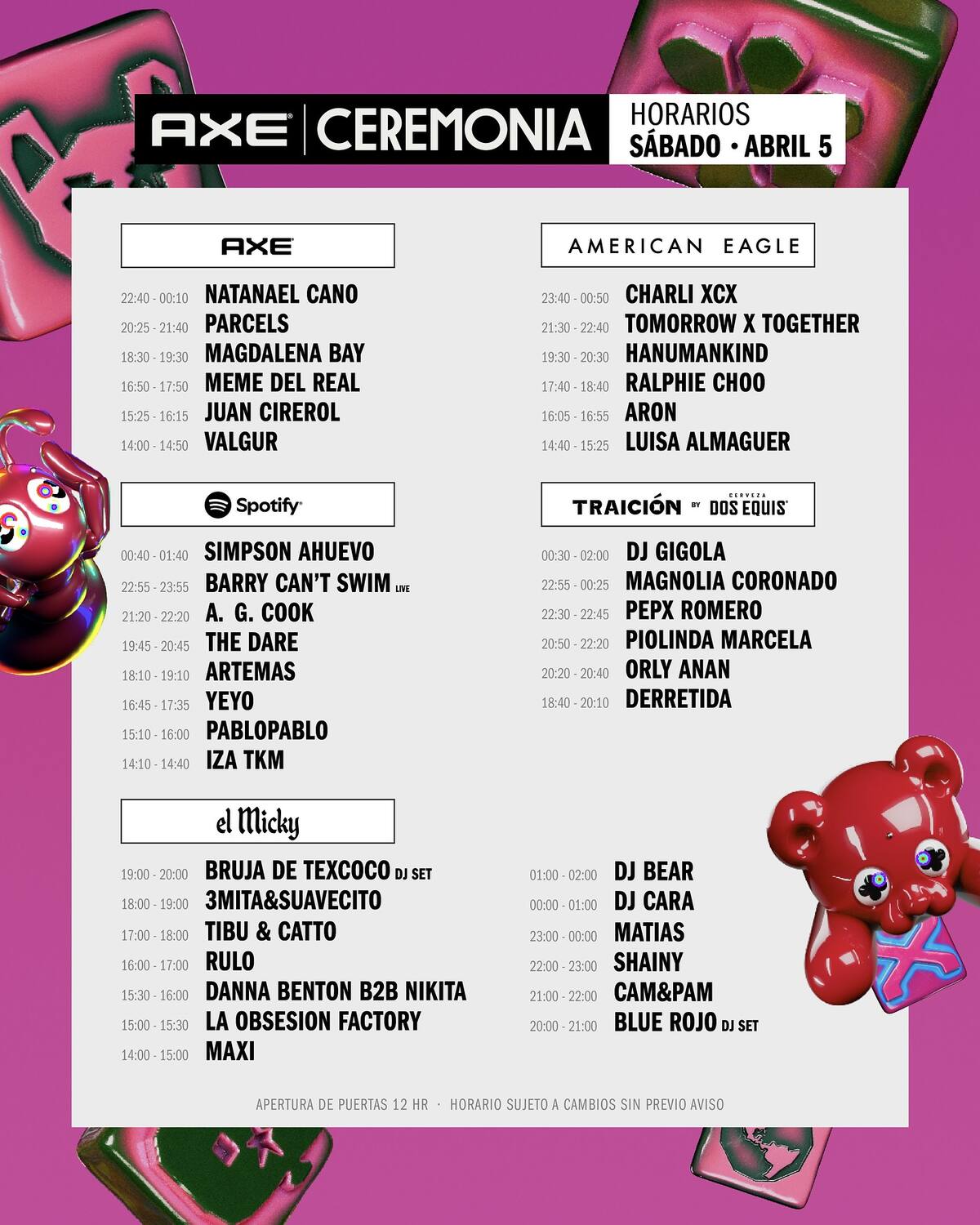 AXE Ceremonia horarios sábado 05 de abril / Cuenta de X: Instagram @axeceremonia