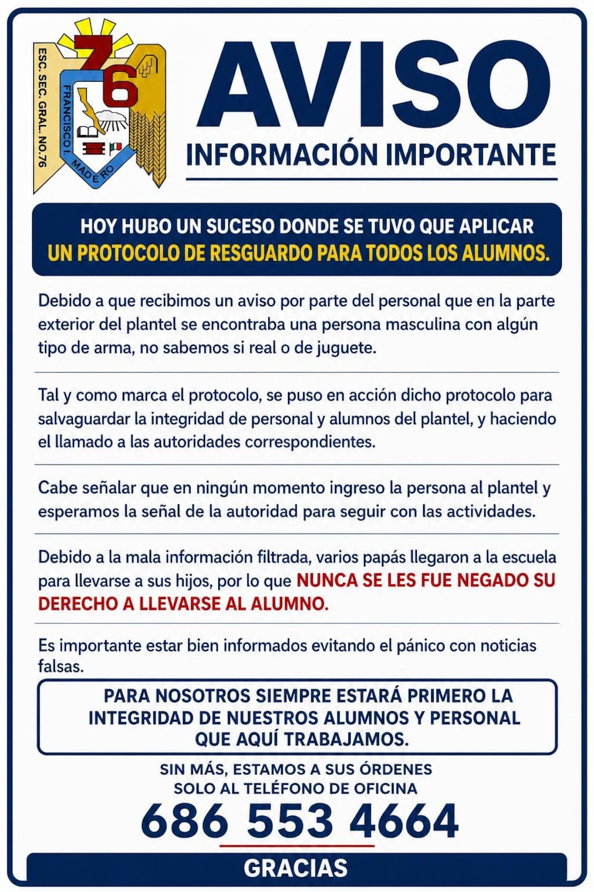 El plantel educativo informó que en ningún momento ingresaron personas armadas a las instalaciones, ya que hubo desinformación.│Foto: Cortesía Facebook