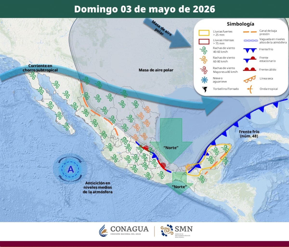 Pronóstico del clima para el domingo 3 de mayo del 2026. | Crédito: SMN