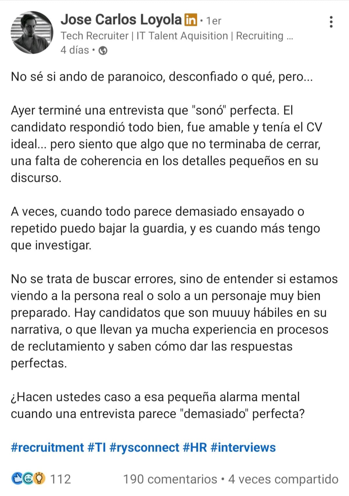 Reclutador duda de entrevista perfecta, buen curriculum y candidato prometedor. | Especial