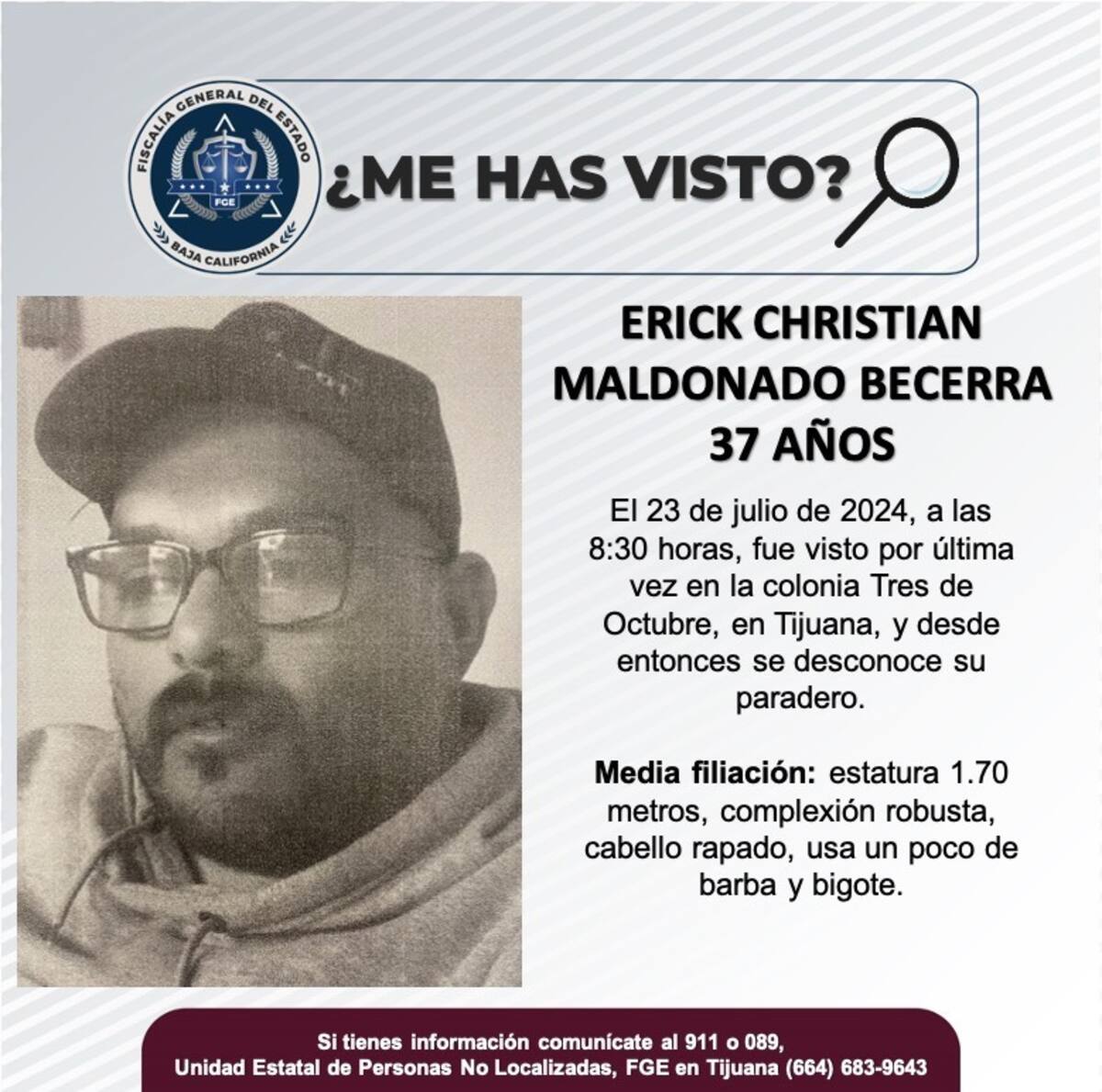 Erick Christian Maldonado Becerra fue visto por última vez el 23 de julio del 2024.