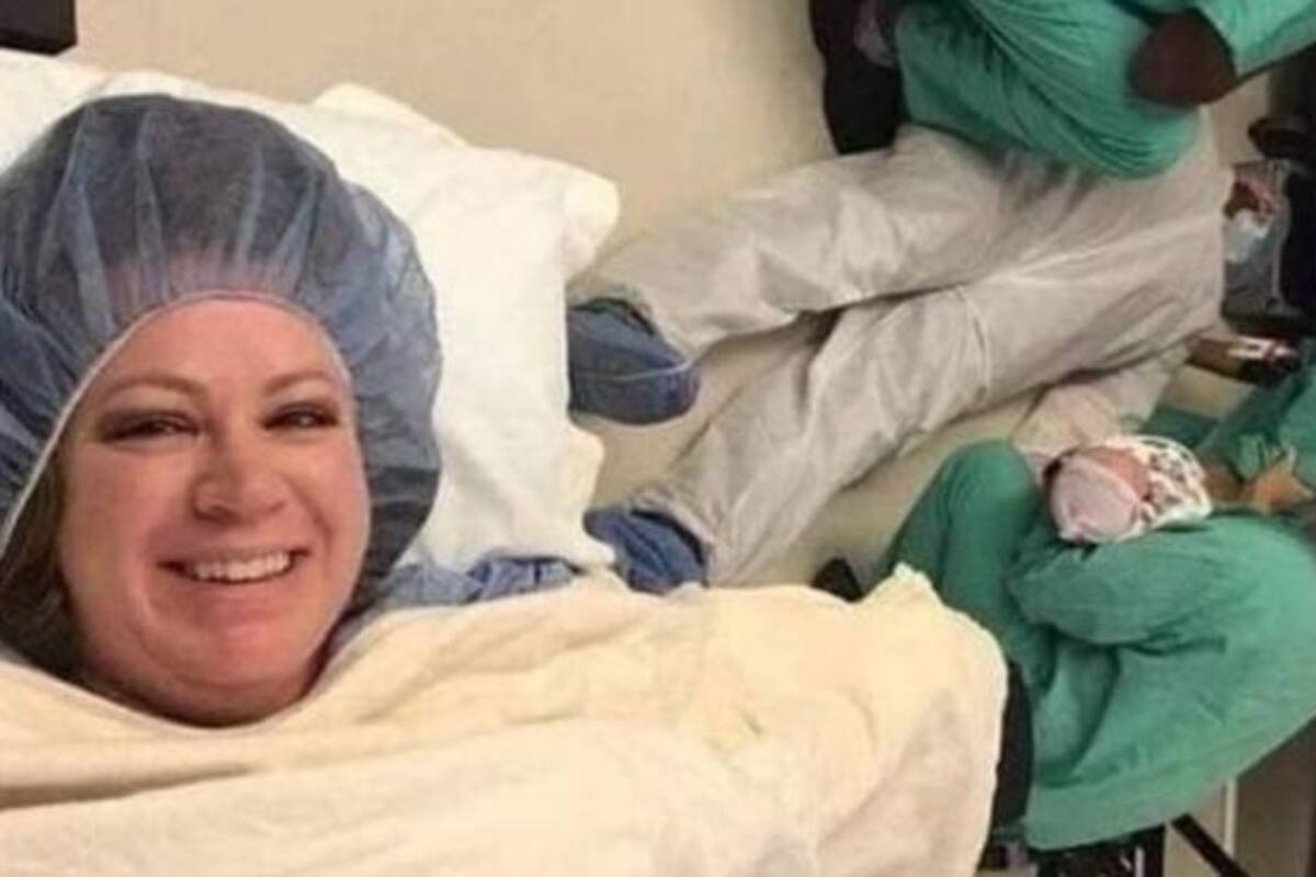 Nueva madre sube foto de su esposo desmayado tras dar a luz