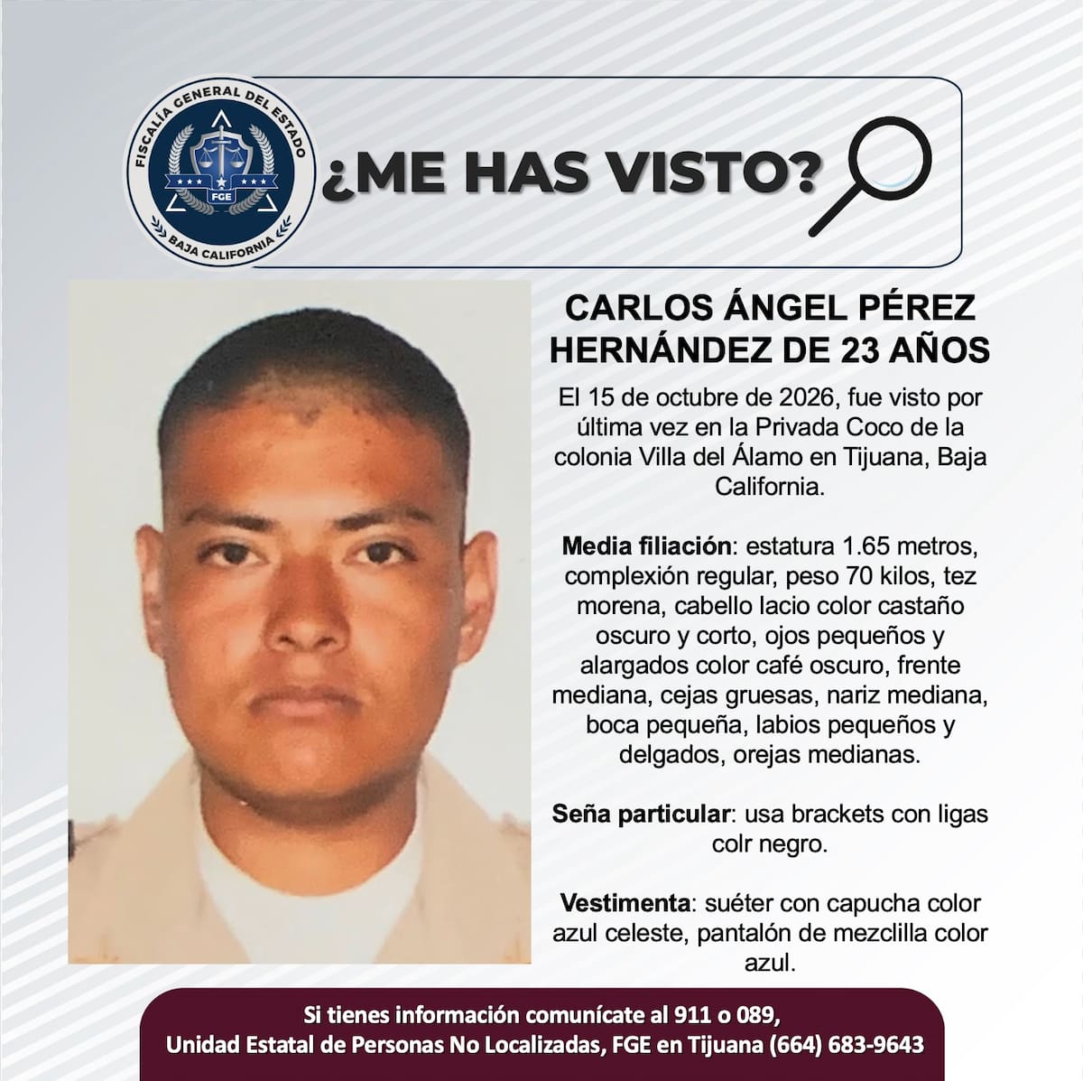 Carlos Ángel Pérez Hernández fue visto por última vez el 15 de octubre en la colonia Villa del Álamo, en Tijuana. Foto: Cortesía