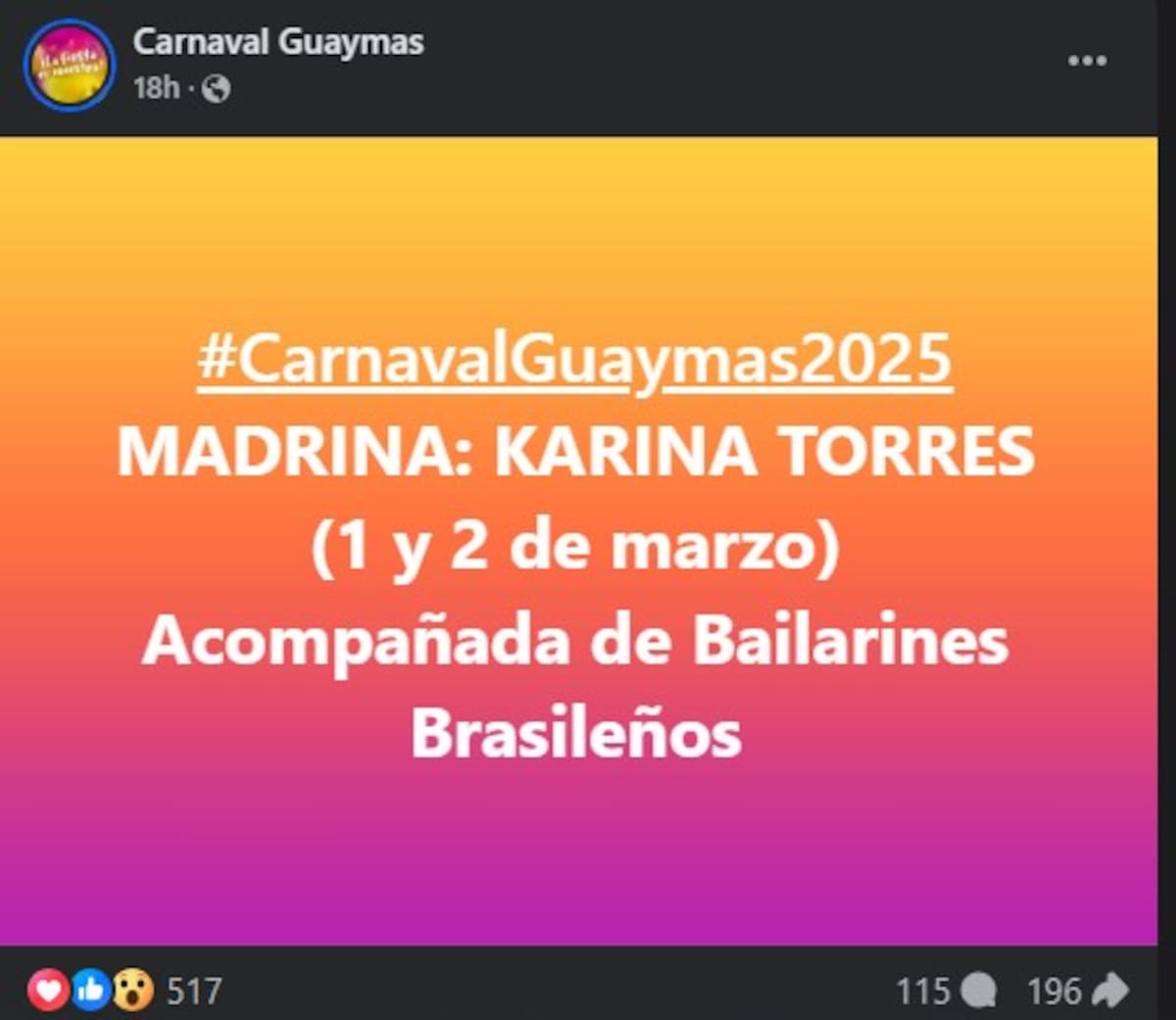 Karina Torres será la madrina del Carnaval de Guaymas / Facebook: Carnaval de Guaymas