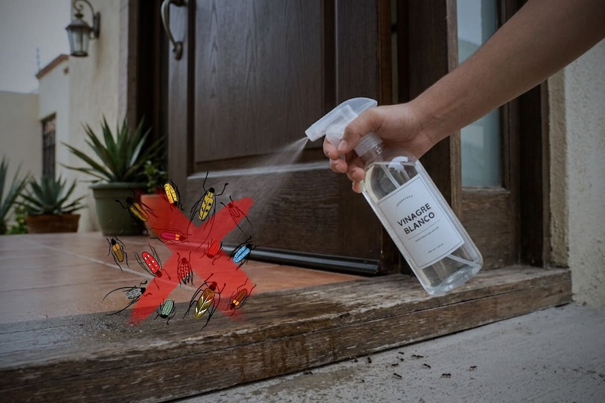 Rociar un atomizador con agua y vinagre blanco una vez por semana en los marcos de la puerta evita el paso de insectos como arañas, cucarachas y hormigas al hogar, pero utilizar vinagre de manzana provoca el efecto contrario y termina por atraelos debido a sus azúcares