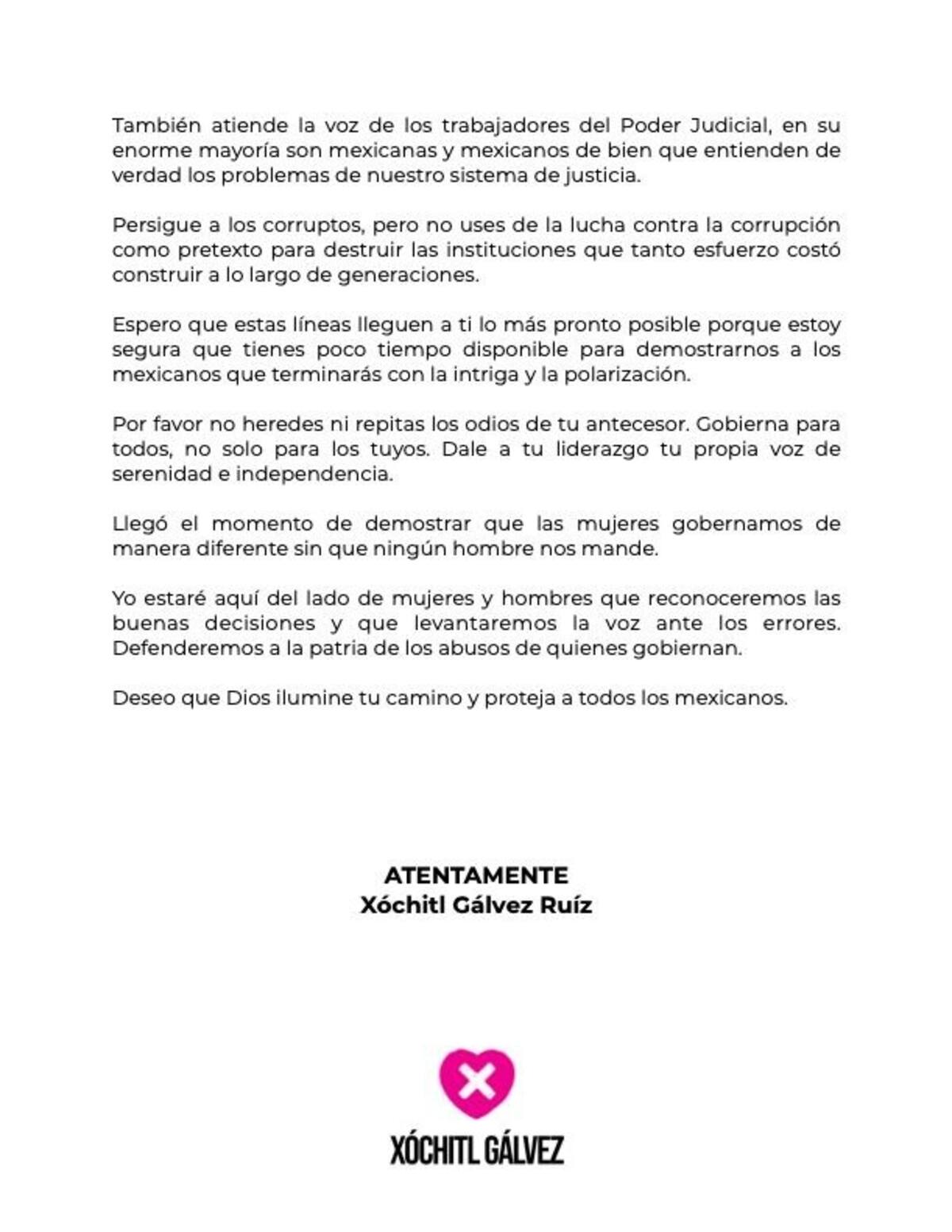 Xóchitl Gálvez envía carta a Claudia Sheinbaum deseándole un buen gobierno. Foto: X