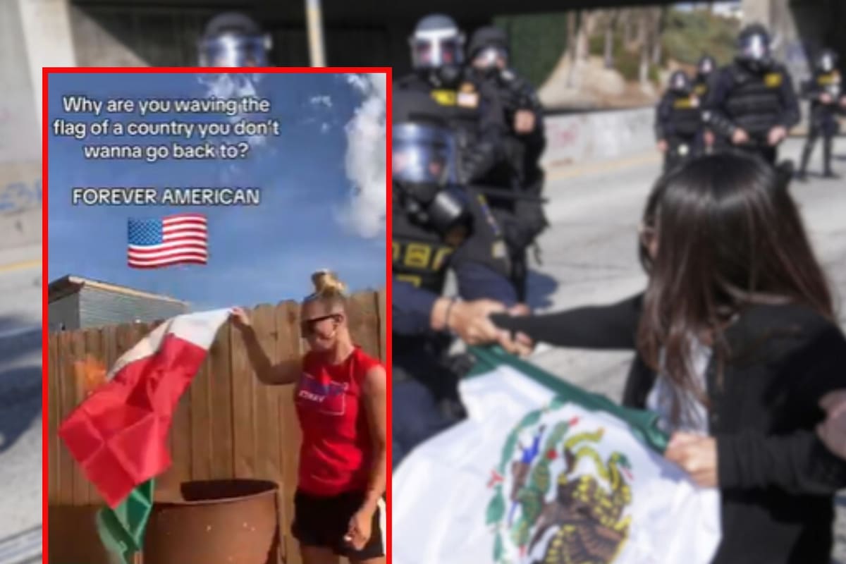 ¡Al estilo iraní! Mujer estadounidense quema una bandera mexicana (VIDEO)