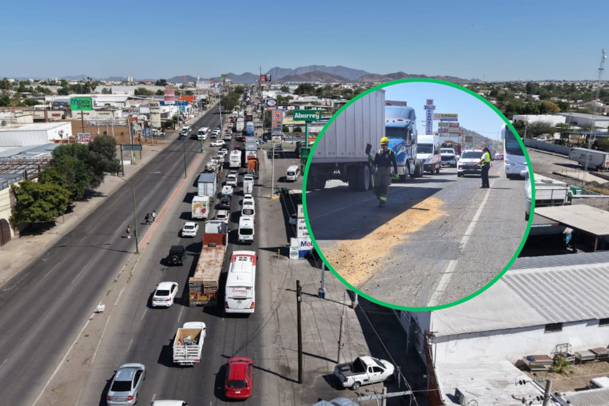 Derrame de aceite de tractocamión cierra carril central de Periférico Sur y genera caos vial en Hermosillo