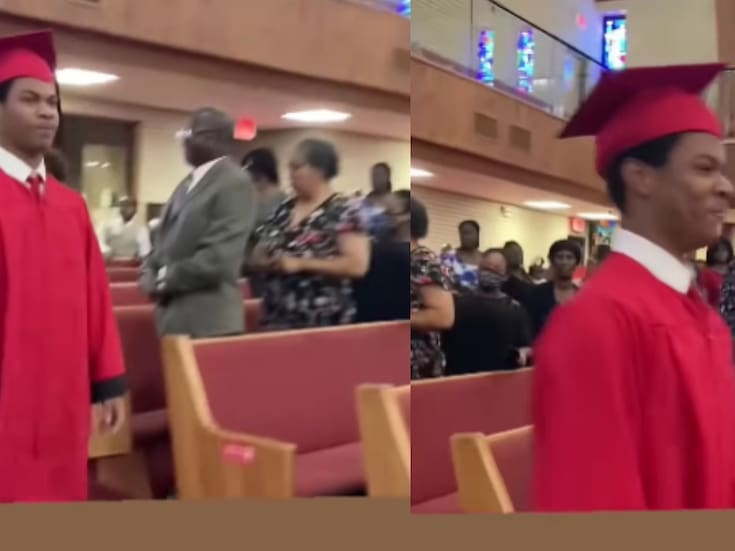 Mujer lleva a su hijo a la iglesia con toga y birrete para presumir que por fin se graduó