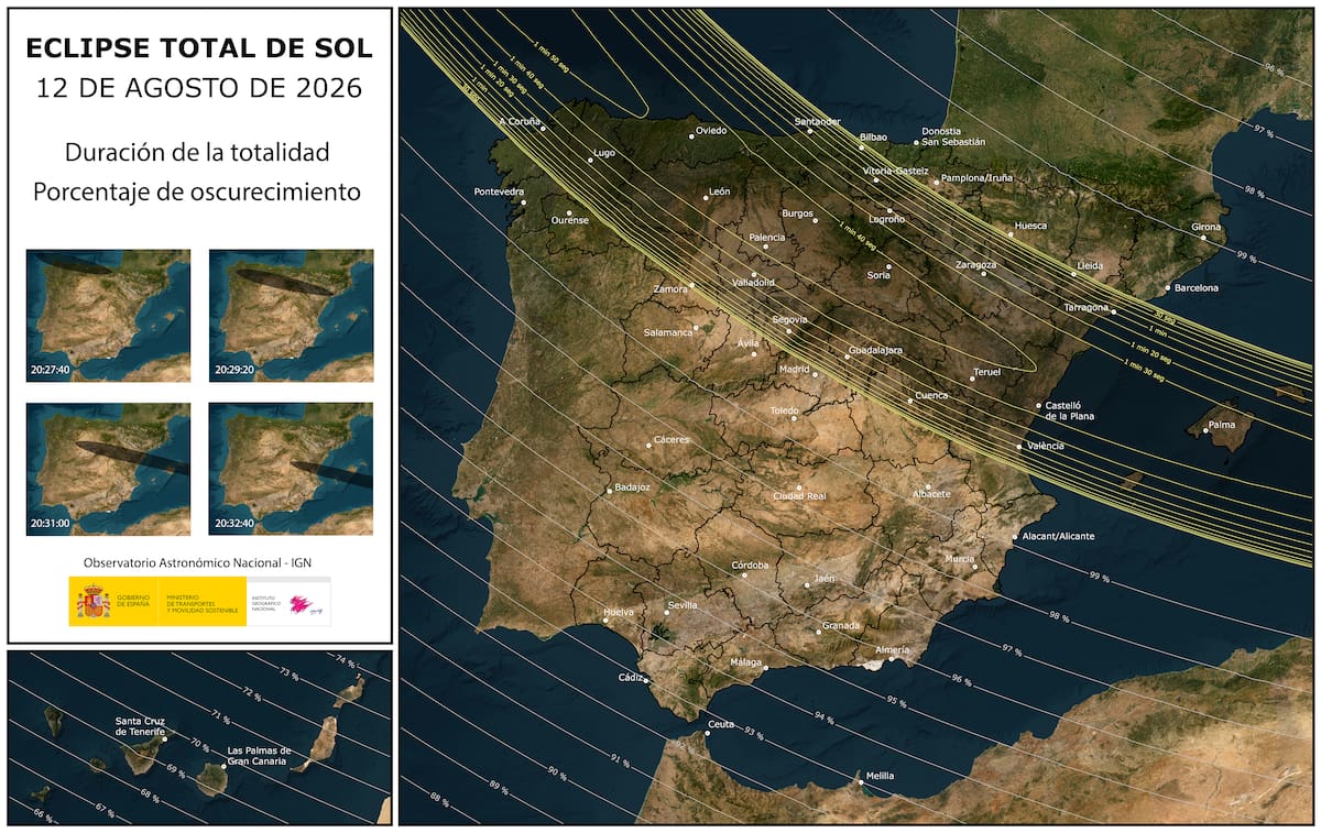 En la imagen anterior se puede ver el recorrido de la franja en la que será visible el eclipse total, junto con las duraciones de la totalidad.