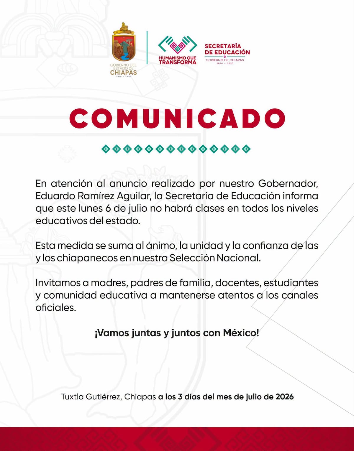 Suspenden clases en Chiapas en apoyo a la Selección Nacional | Facebook: Secretaría de Educación Chiapas