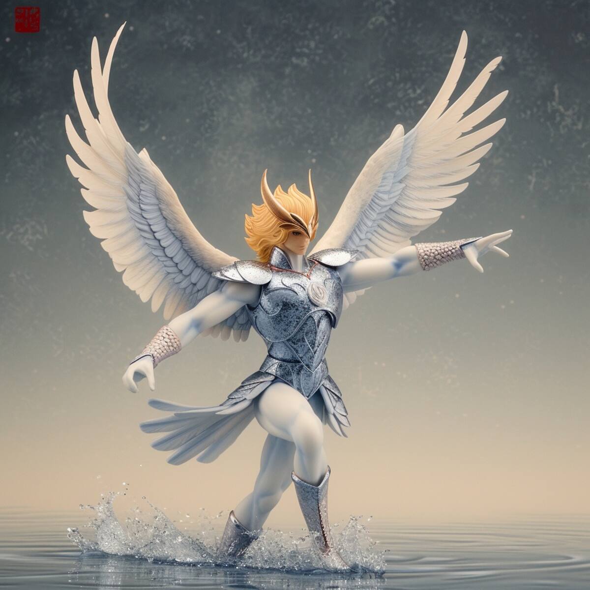 La inteligencia artificial ha plasmado la majestuosidad de Hyōga, resaltando su cabellera rubia y atributos distintivos, revelando su presencia imponente en el universo de Los Caballeros del Zodiaco.