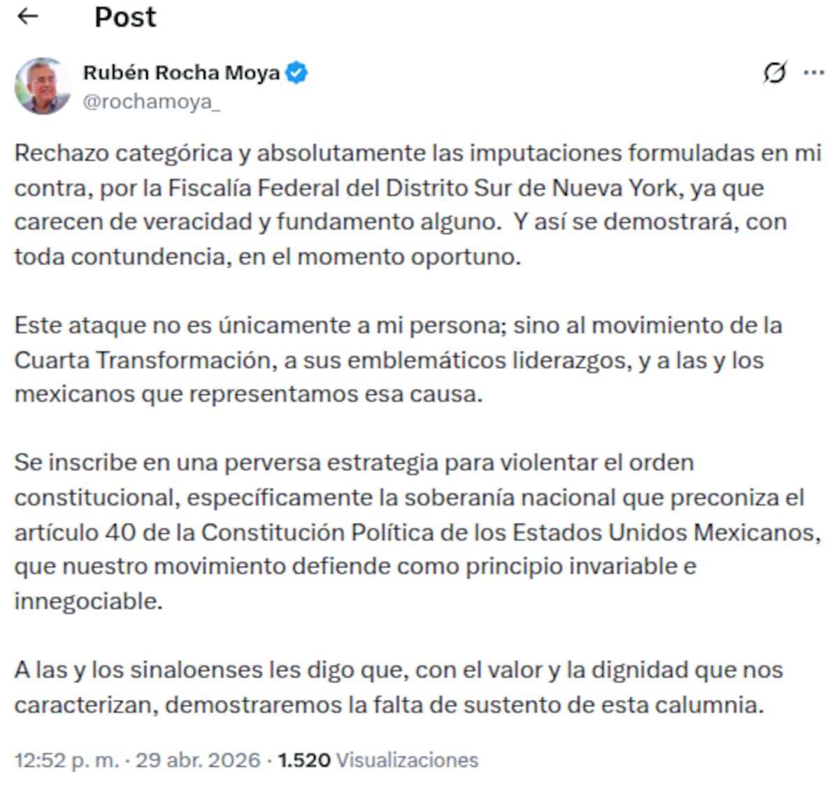 Declaraciones de Rubén Rocha tras acusaciones de Estados Unidos. | Foto: Captura de pantalla.