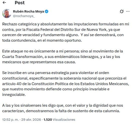 Declaraciones de Rubén Rocha tras acusaciones de Estados Unidos. | Foto: Captura de pantalla.