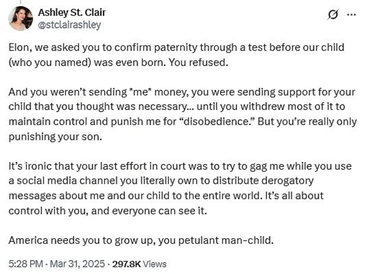 Ashley St Clair reacciona a respuesta de Elon Musk sobre su bebé. (Captura de pantalla de X)