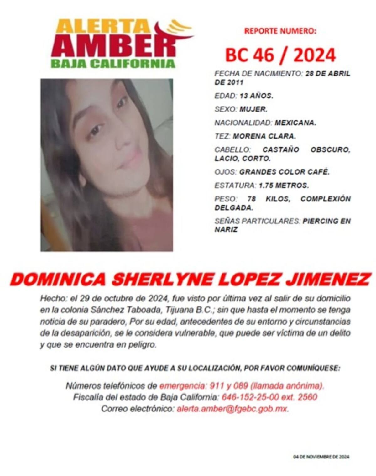 Dominica Sherlyne López Jiménez fue vista por última vez el 29 de octubre del 2024.