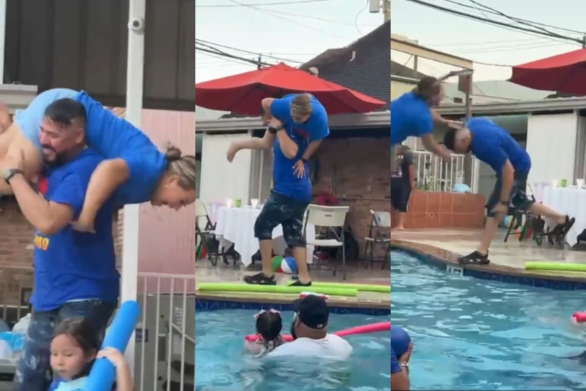 ¡Todo pudo salir mal! Hombre carga a su pareja para arrojarla a la fuerza en la alberca (VIDEO)