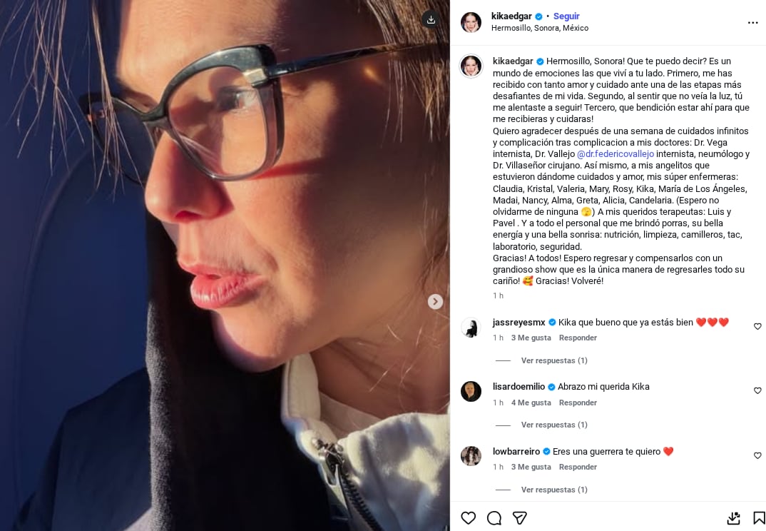 Kika Edgar comparte mensaje de agradecimiento desde Hermosillo tras cirugía de emergencia por apendicitis | captura de pantalla