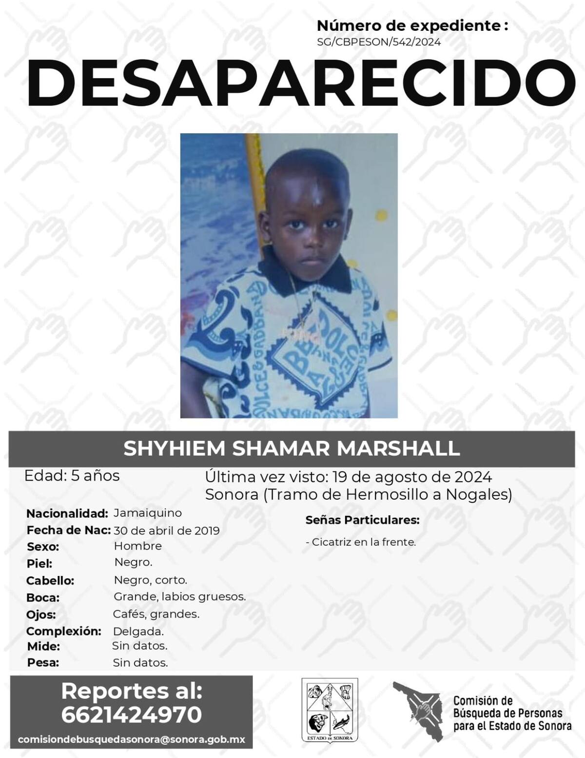 Shyhiem Shamar Marshall desapareció el pasado 19 de agosto del 2024. | Crédito: FGJE Sonora