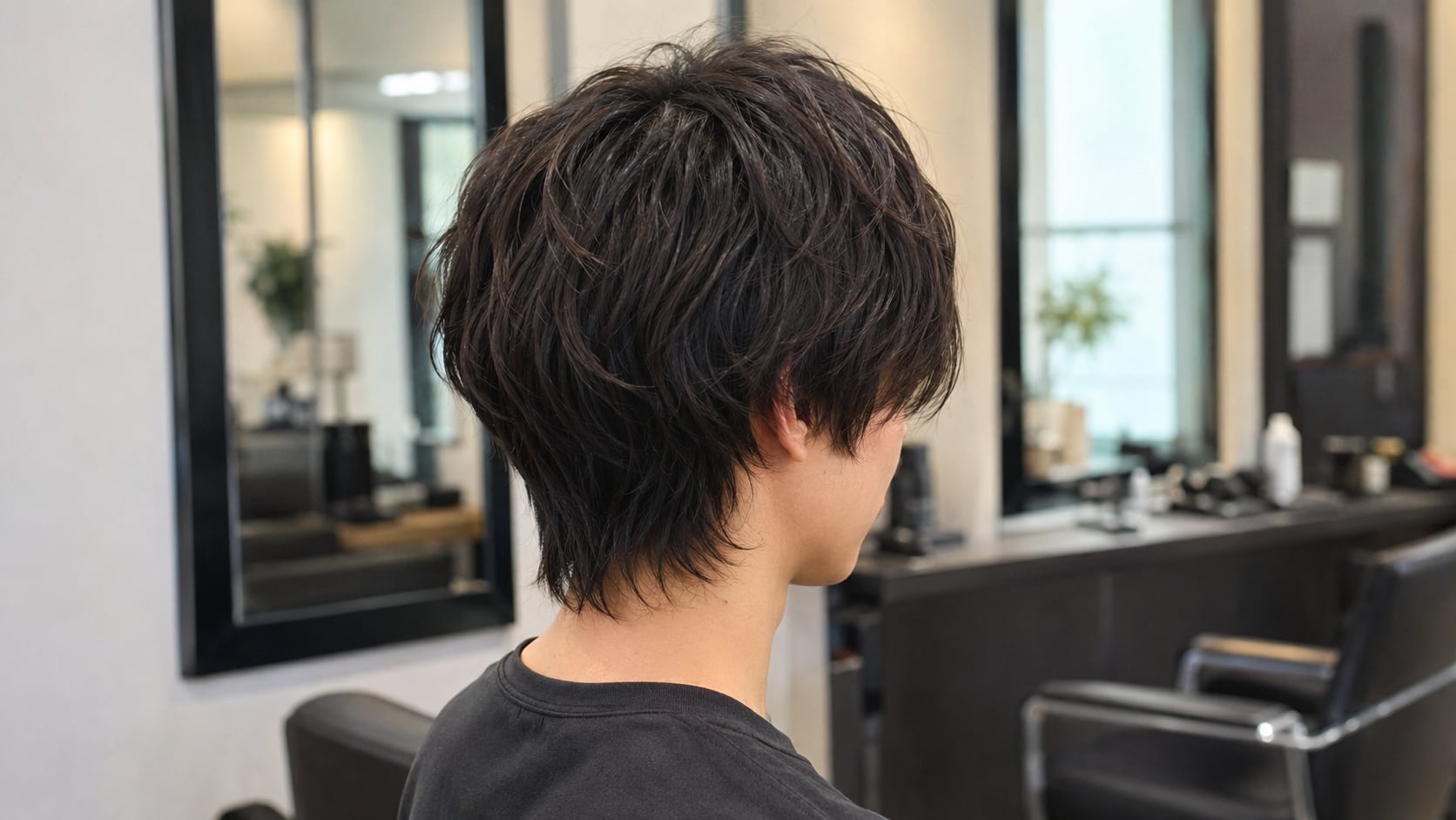 El mod cut combina capas de media longitud, flequillo texturizado, laterales completos y una nuca ligeramente larga para lograr movimiento y volumen natural.