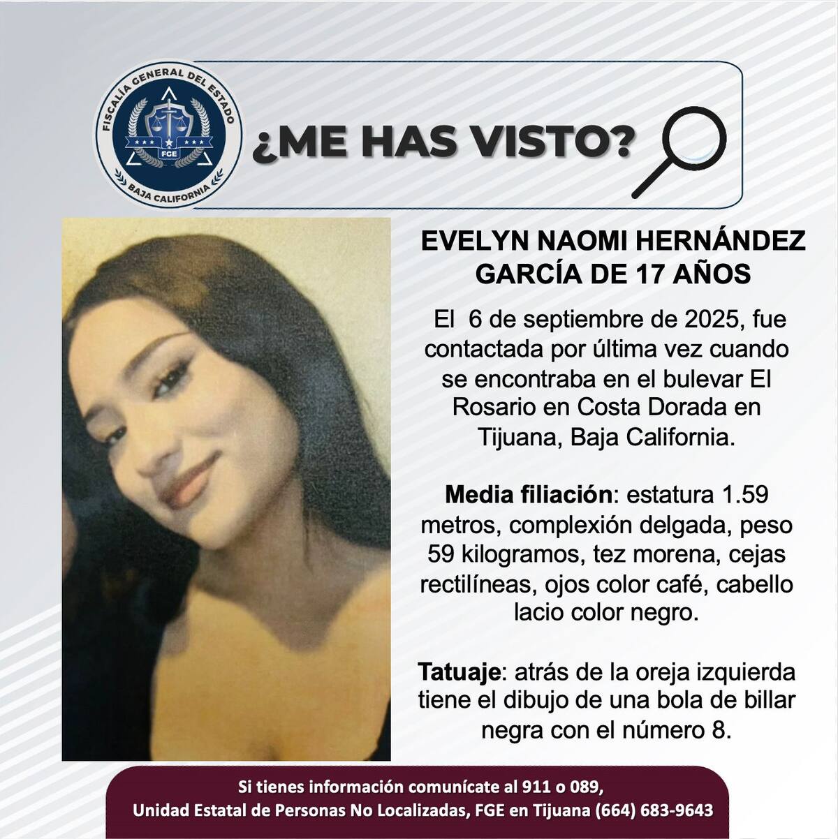 Fue vista por última vez el 6 de septiembre de 2025.