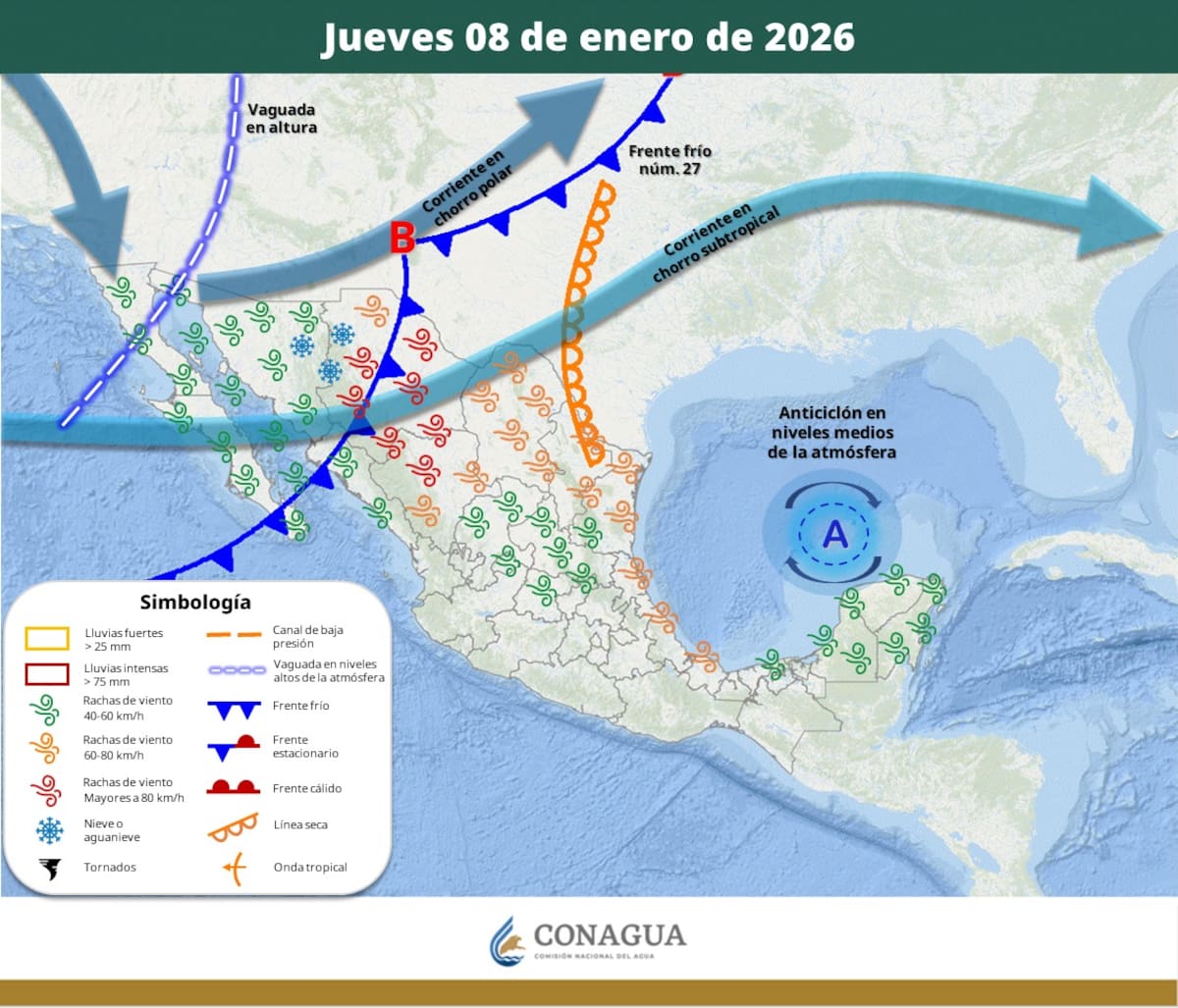 Pronóstico del clima para el jueves 8 de enero del 2026. | Crédito: SMN