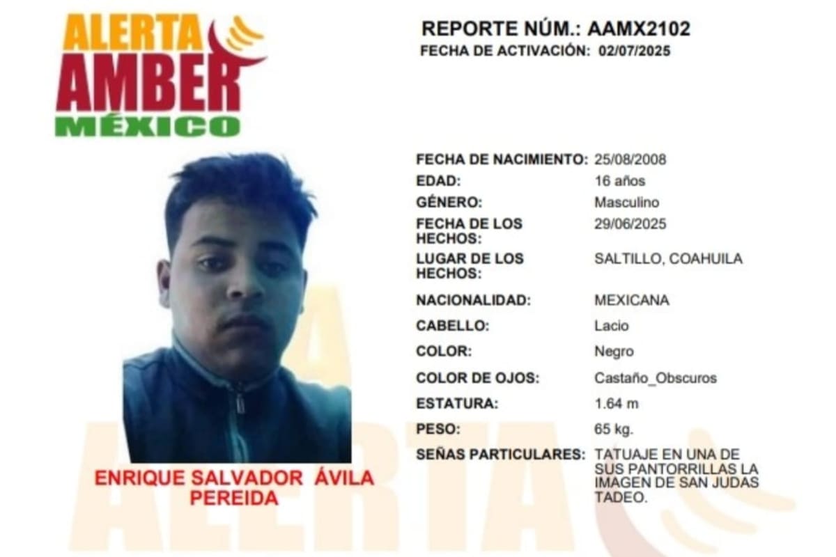 Activan Alerta Amber para localizar a Enrique Salvador Ávila Pereida