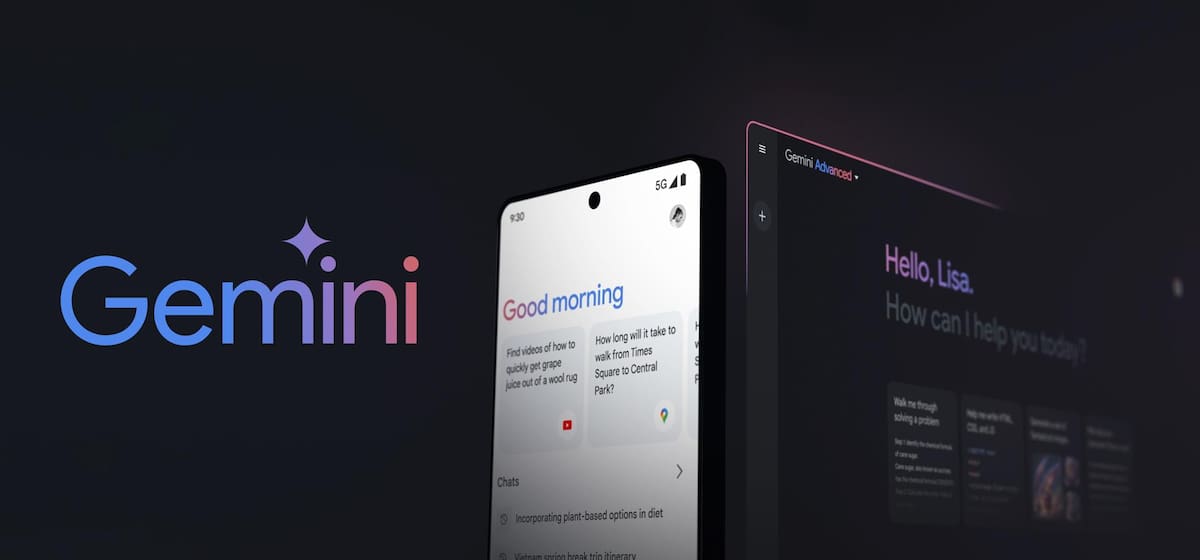 Fotografía cedida por Google donde se muestra las dos páginas de entradas de Gemini, el chatbot con inteligencia artificial (IA) de Google, uno sobre un teléfono móvil (i) y otra sobre una computadora perSonal (d). EFE