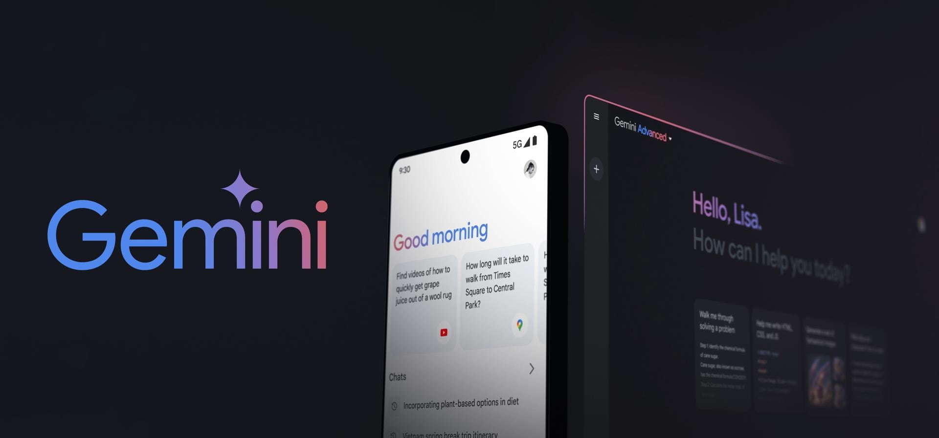 Fotografía cedida por Google donde se muestra las dos páginas de entradas de Gemini, el chatbot con inteligencia artificial (IA) de Google, uno sobre un teléfono móvil (i) y otra sobre una computadora perSonal (d). EFE