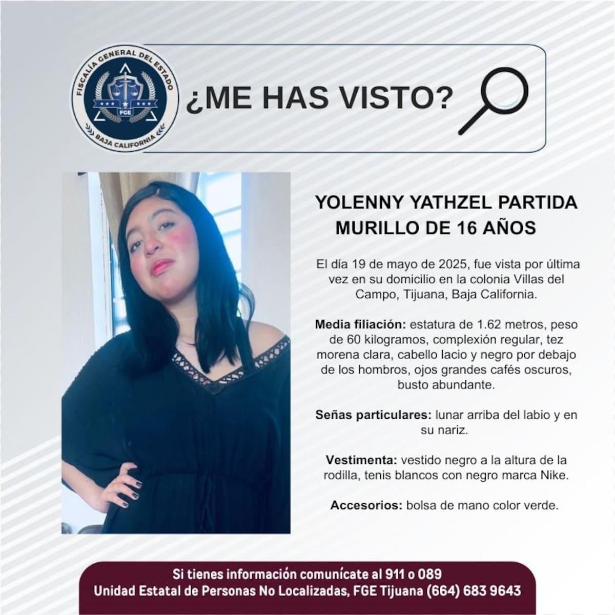 Yolenny Yathzel Partida Murrillofue vista por última vez el 19 de mayo de 2025.