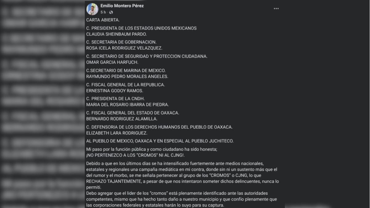 Emilio Montero difundió una carta dirigida a Claudia Sheinbaum en la que negó pertenecer a “Los Cromos” o al CJNG y aseguró que está dispuesto a comparecer ante las autoridades. (Redes Sociales)