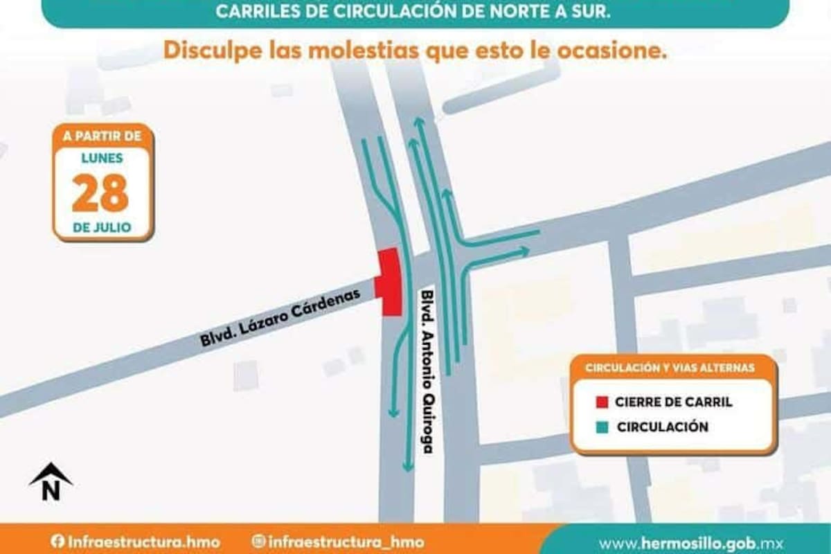 Por inicio de obras cerrarán el carril poniente de Quiroga y Cárdenas a partir de este lunes 28 de julio